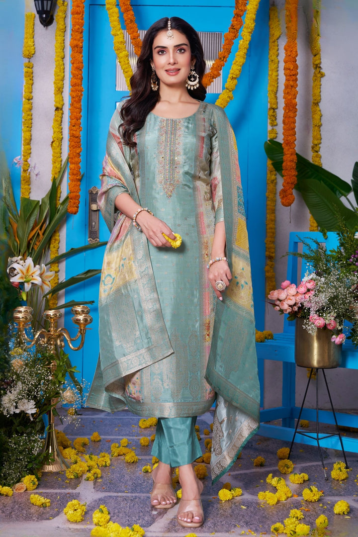 Sea Green Banaras, Zardozi and Mirror work with Bandini Print Straight Cut Salwar Suit