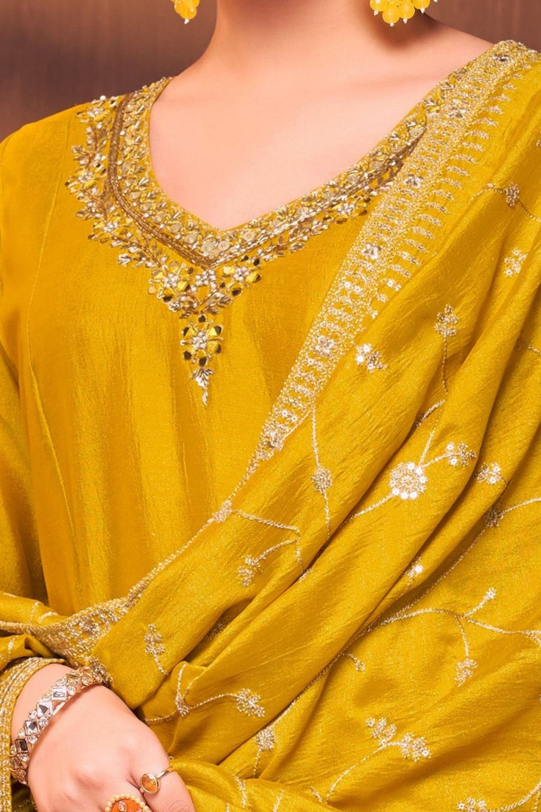 Yellow Sequins, Zari, Mirror, Stone and Zardozi work A-line Cut Salwar Suit