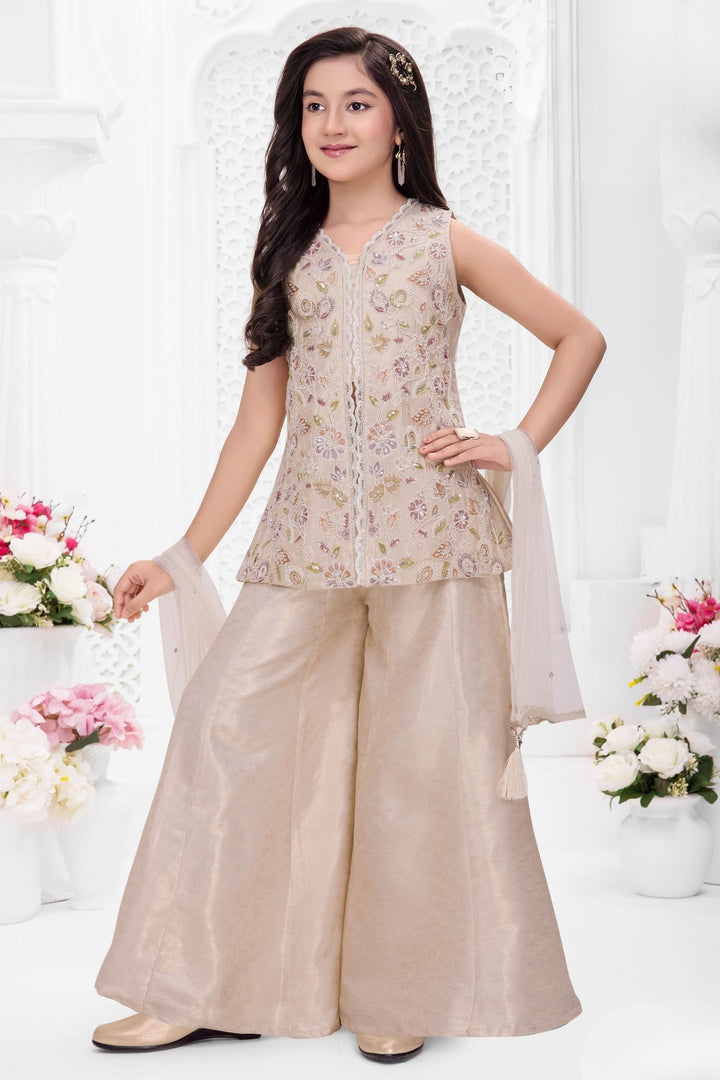 Cream Sequins, Beads, Zari and Multicolor Thread work Palazzo Suit Set for Girls