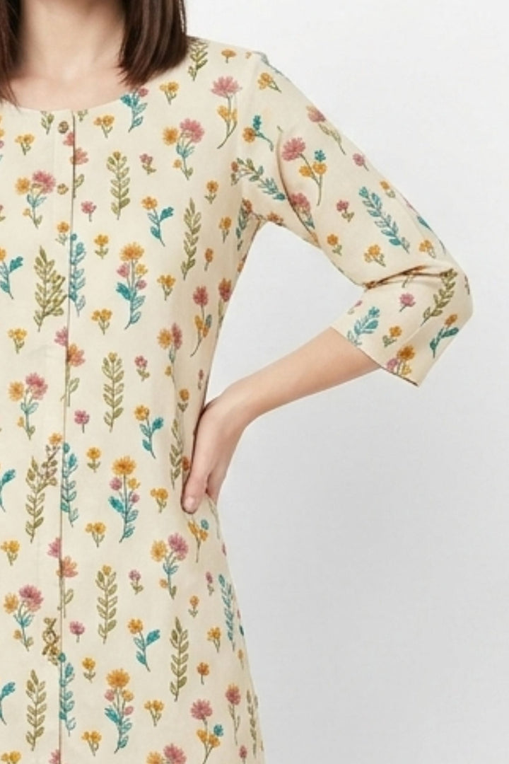 Beige Beads, Sequins and Thread work with Floral Print Calf Length Kurti