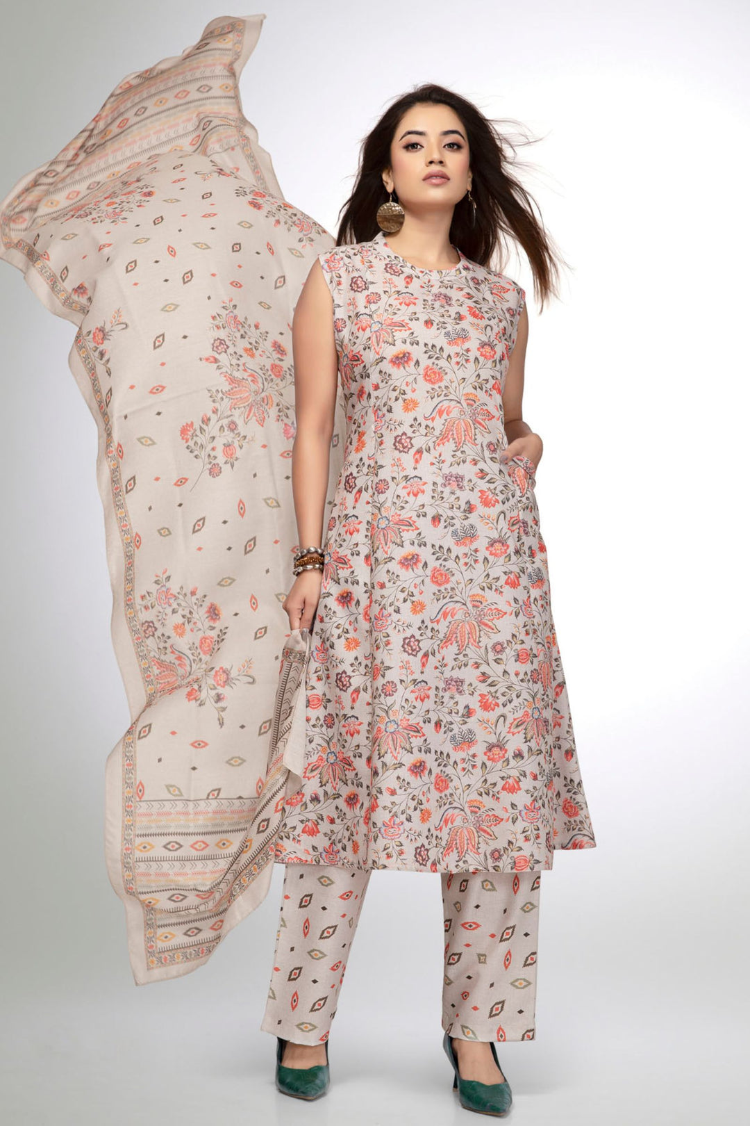 Grey Cotton Kurta Set with Delicate Floral Print and Dupatta