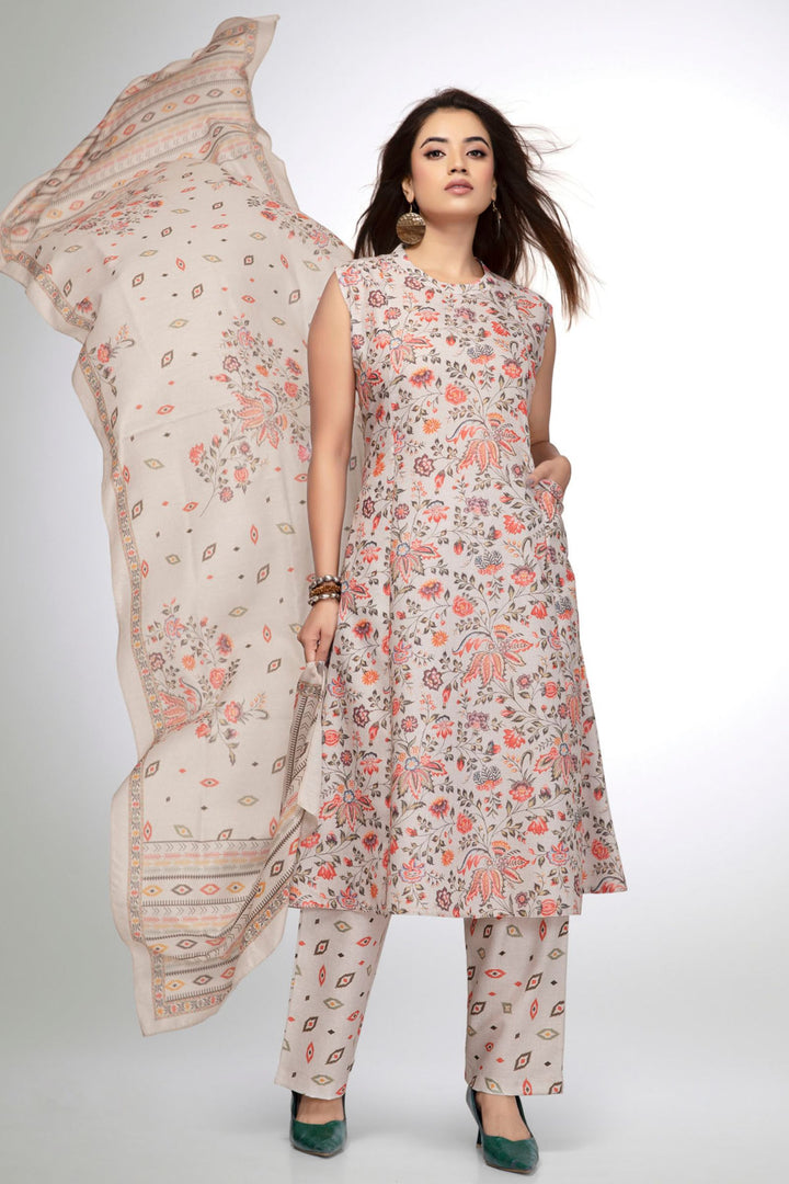 Grey Cotton Kurta Set with Delicate Floral Print and Dupatta
