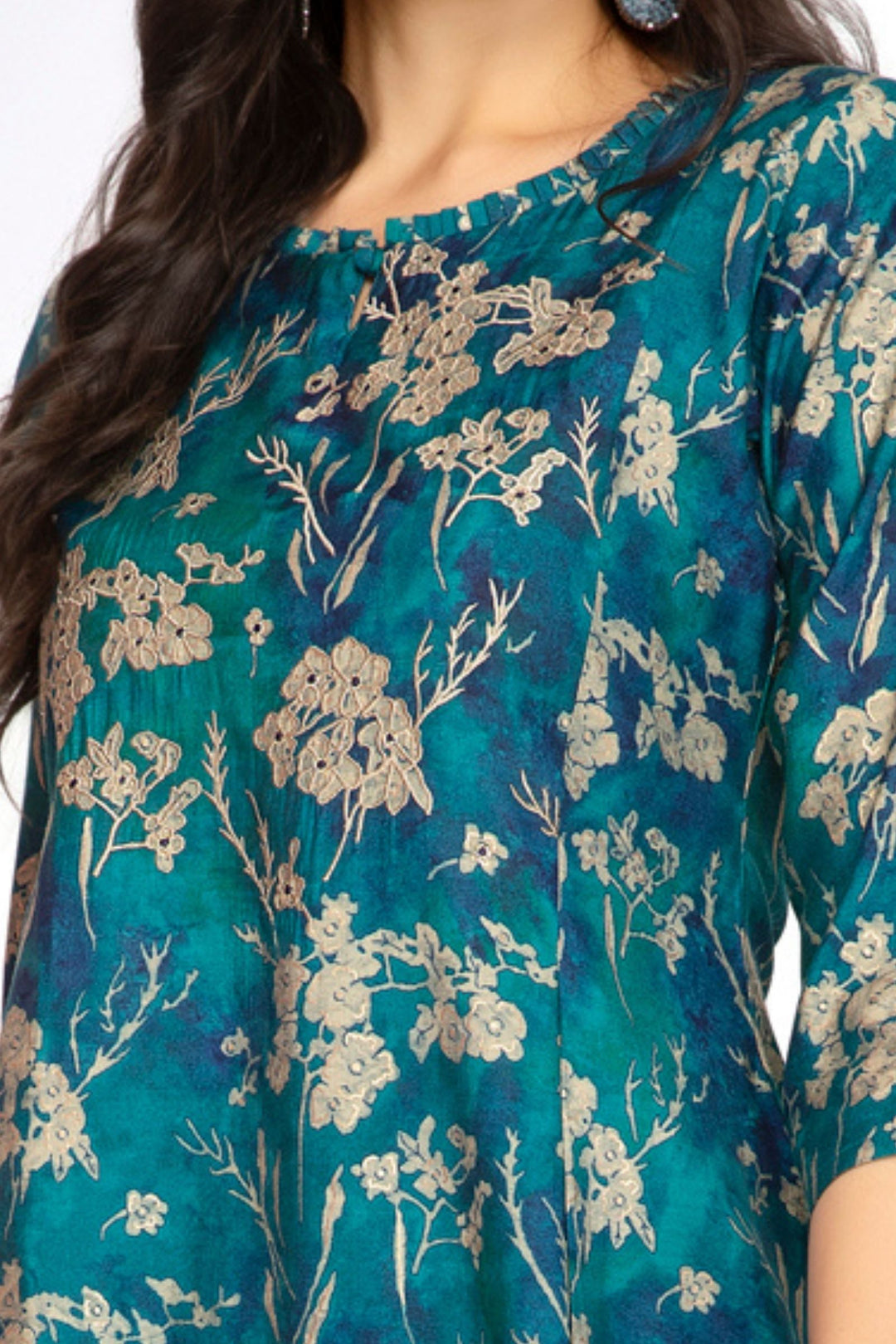 Rama Blue Thread work with Floral Print A-Line Cut Calf Length Kurti