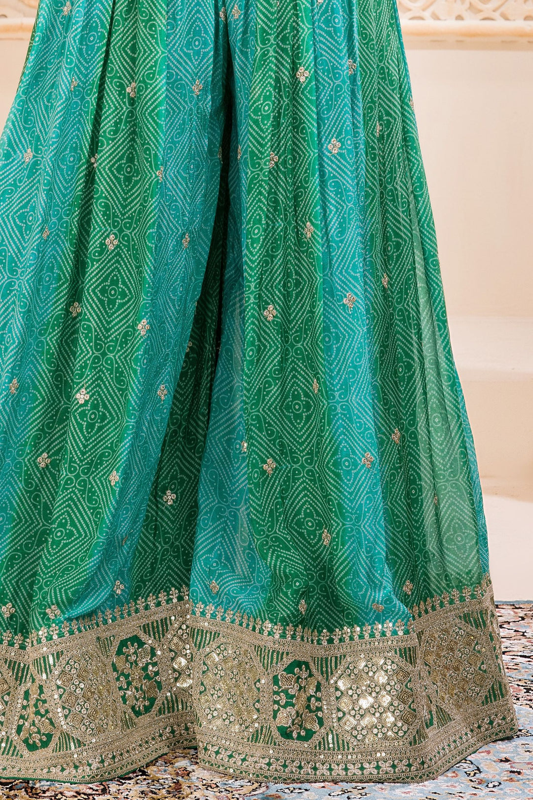 Green Zardozi, Mirror, Sequins and Zari work with Bandini Print Palazzo Suit Set for Girls