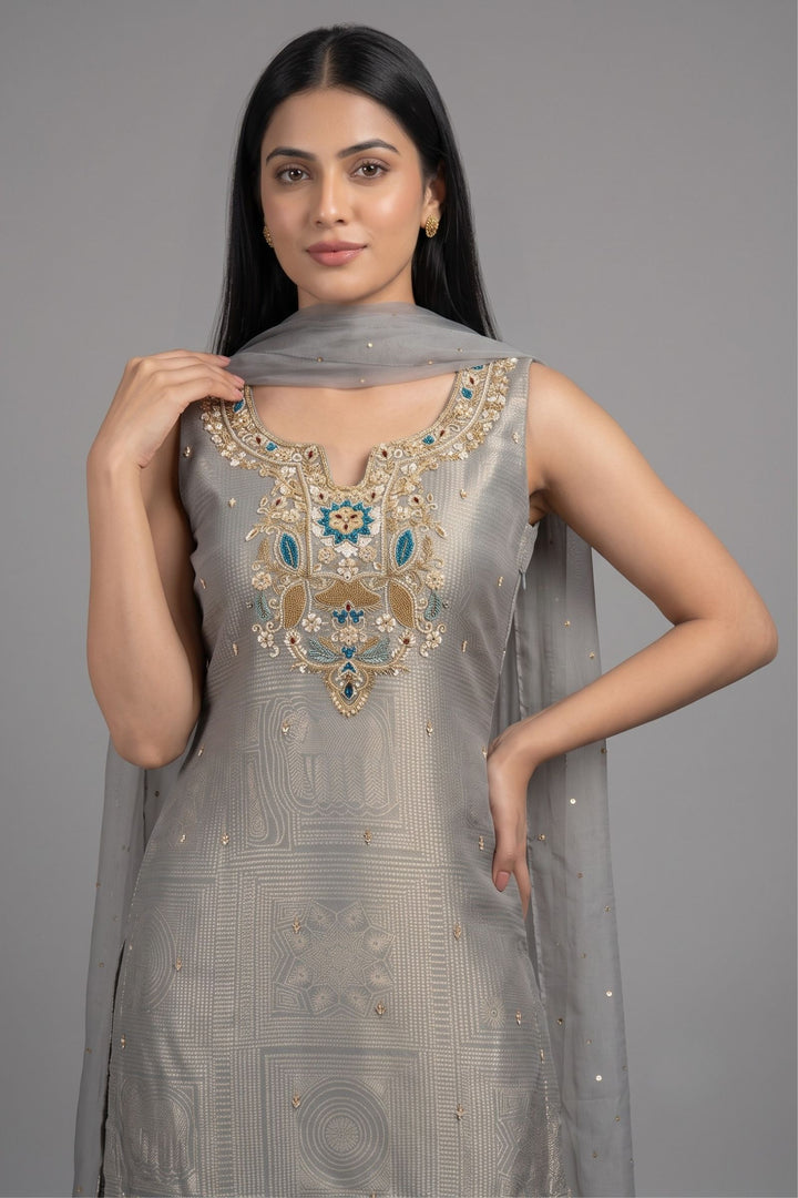 Grey Zardozi, Stone, Sequins, Beads and Thread work Palazzo Salwar Suit