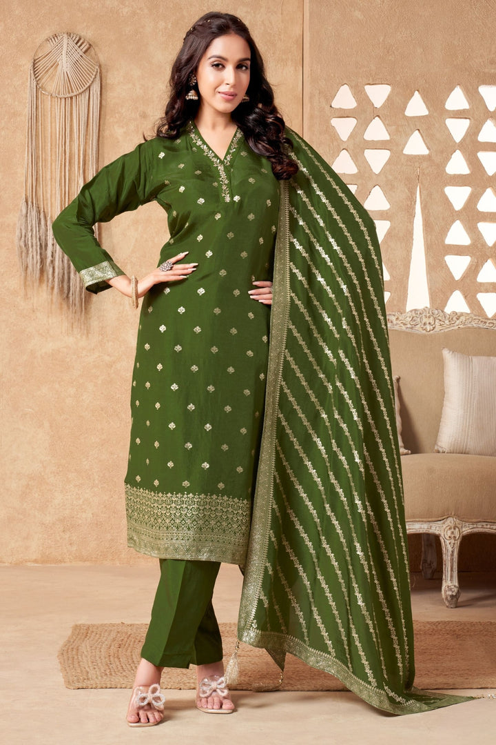 Green Banaras, Zardozi, Beads and Sequins work Straight Cut Salwar Suit