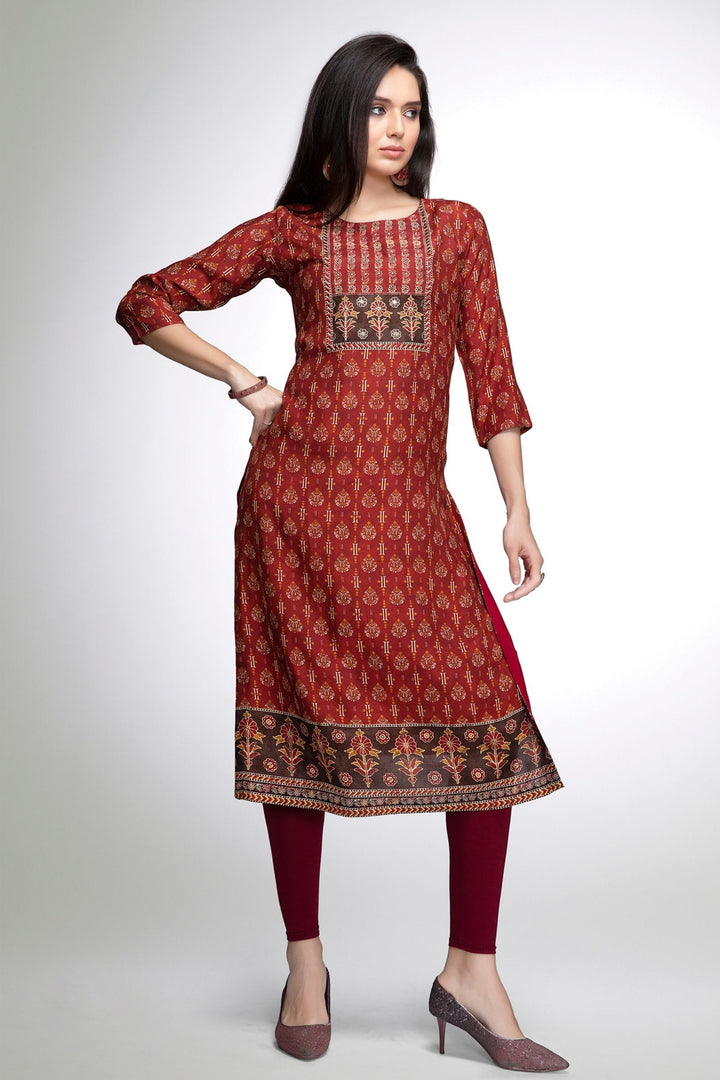 Brick Red with Coffee Brown Digital Print Calf Length Kurti