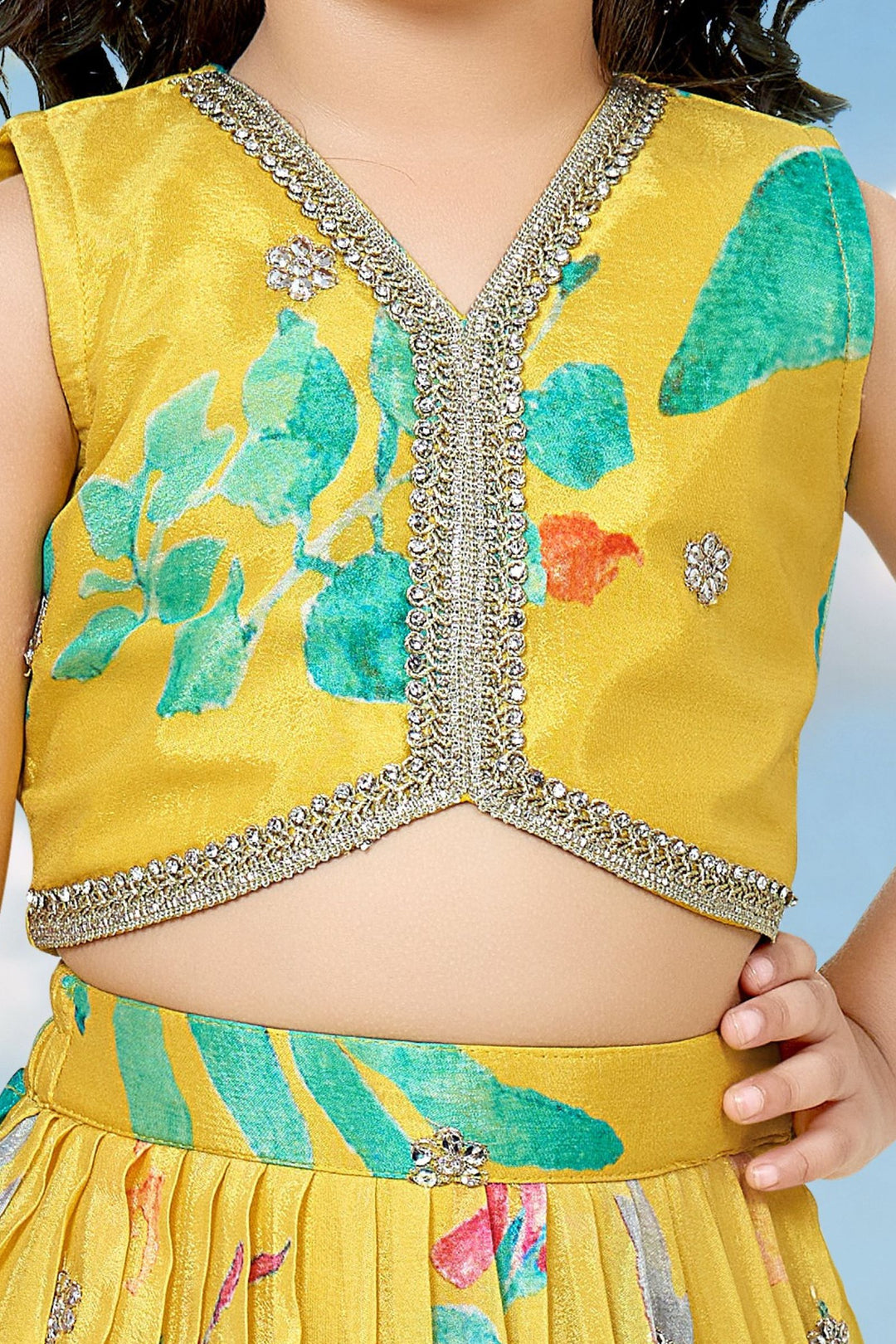Yellow Stone, Sequins and Zari work with Digital Print Lehenga Choli for Girls