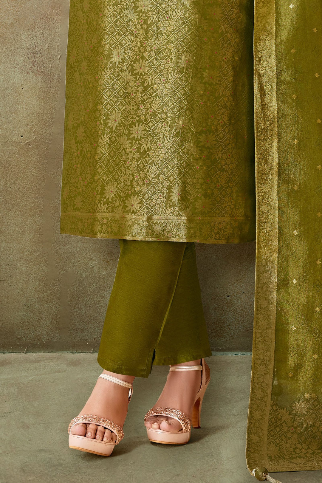 Mehendi Green Mirror, Zardozi, Beads and Brocade work Straight Cut Salwar Suit