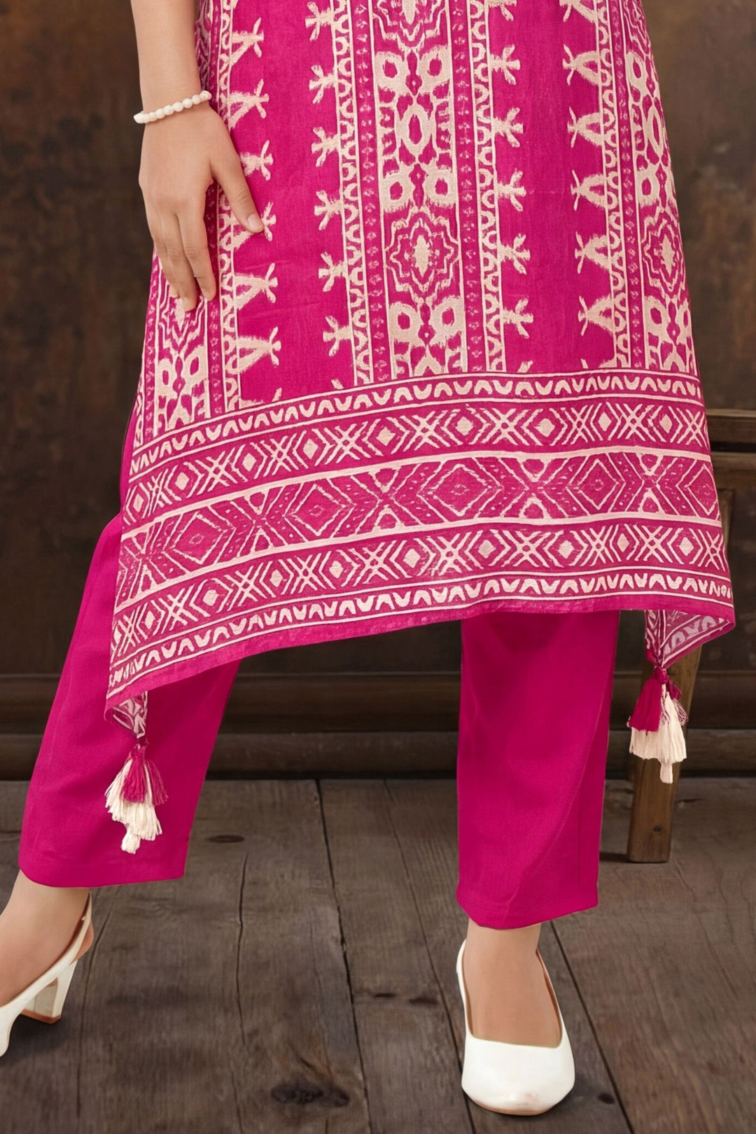 Rani Pink Mirror work with Digital Print Anarkali Styled Salwar Suit for Girls