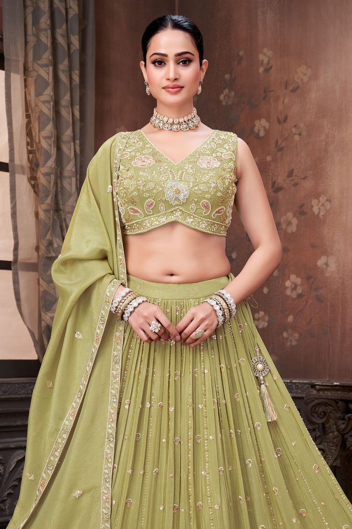 Pista Green Sequins, Beads and Multicolor Thread work Crop Top Lehenga