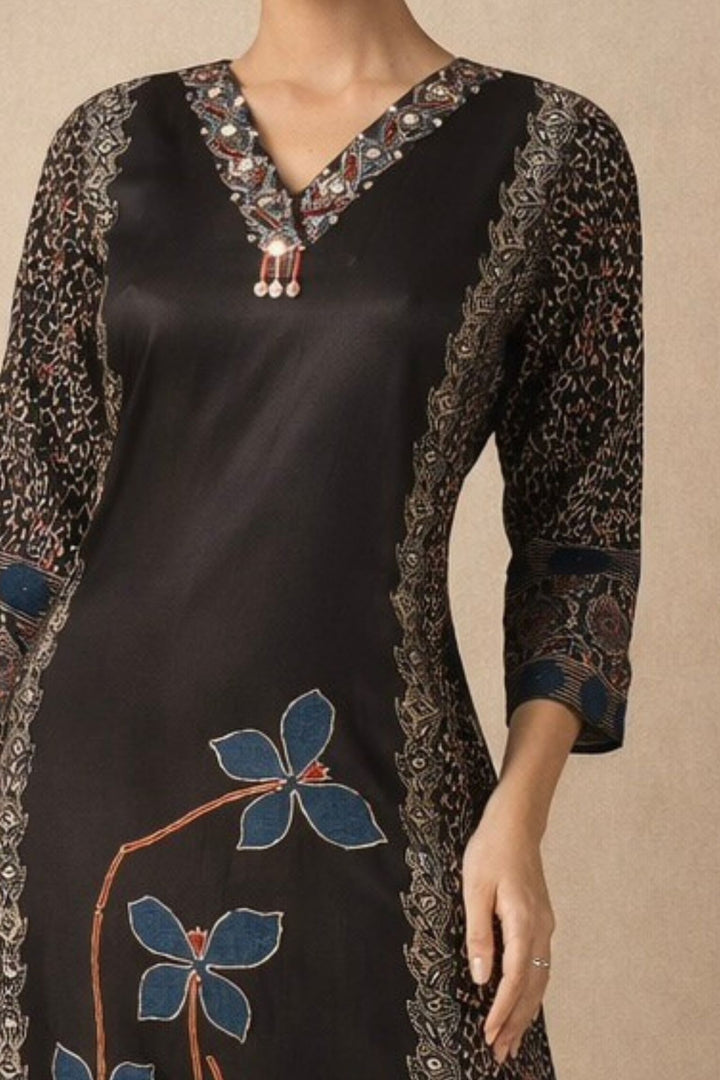 Black Beads work with Ajrakh Print Calf Length Kurti