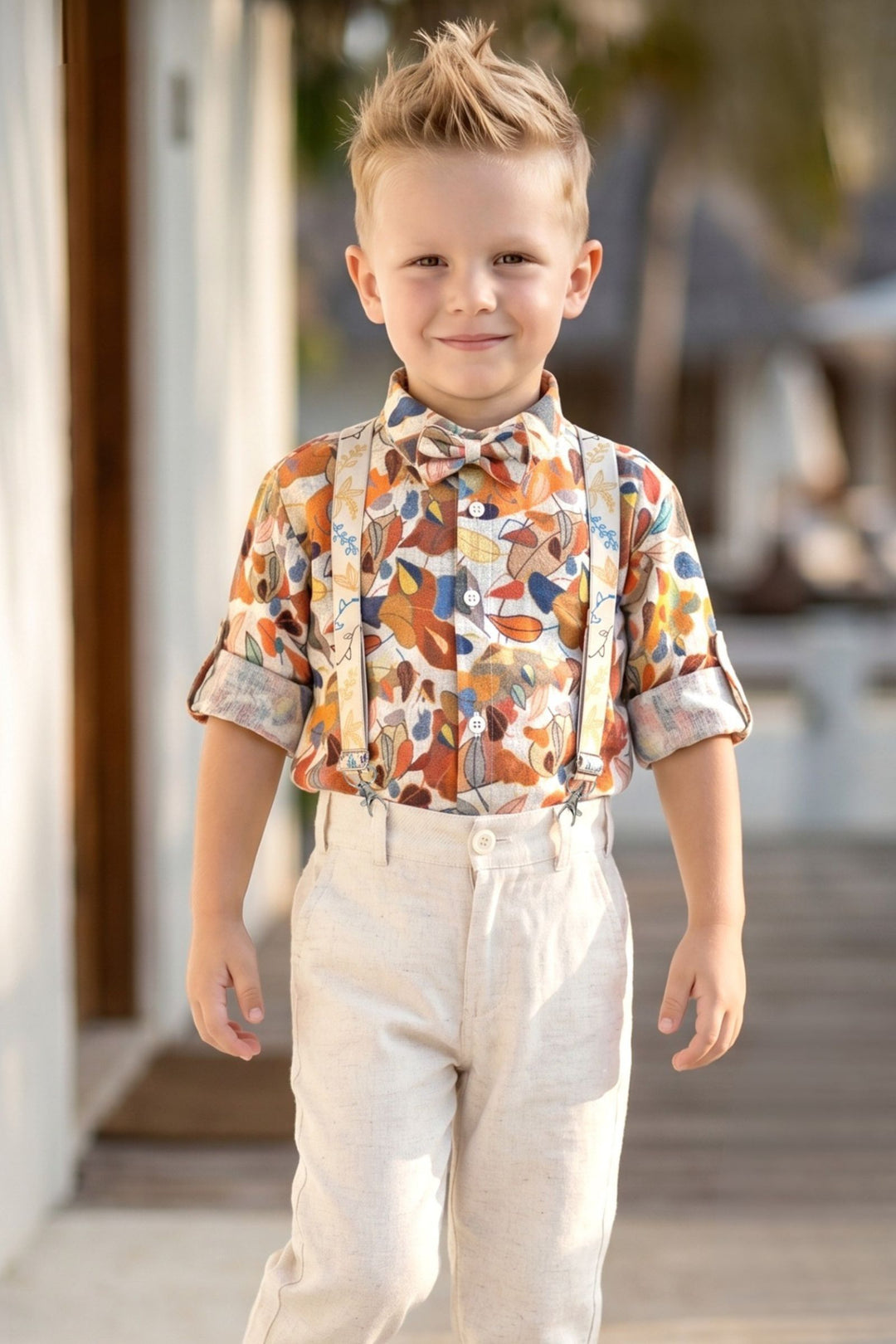 Half White Multicolor Digital Print Suspender Style Pant Shirt Set for Boys