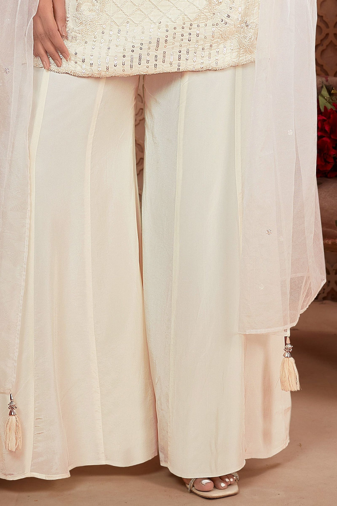 Cream Sequins and Beads work Palazzo Salwar Suit