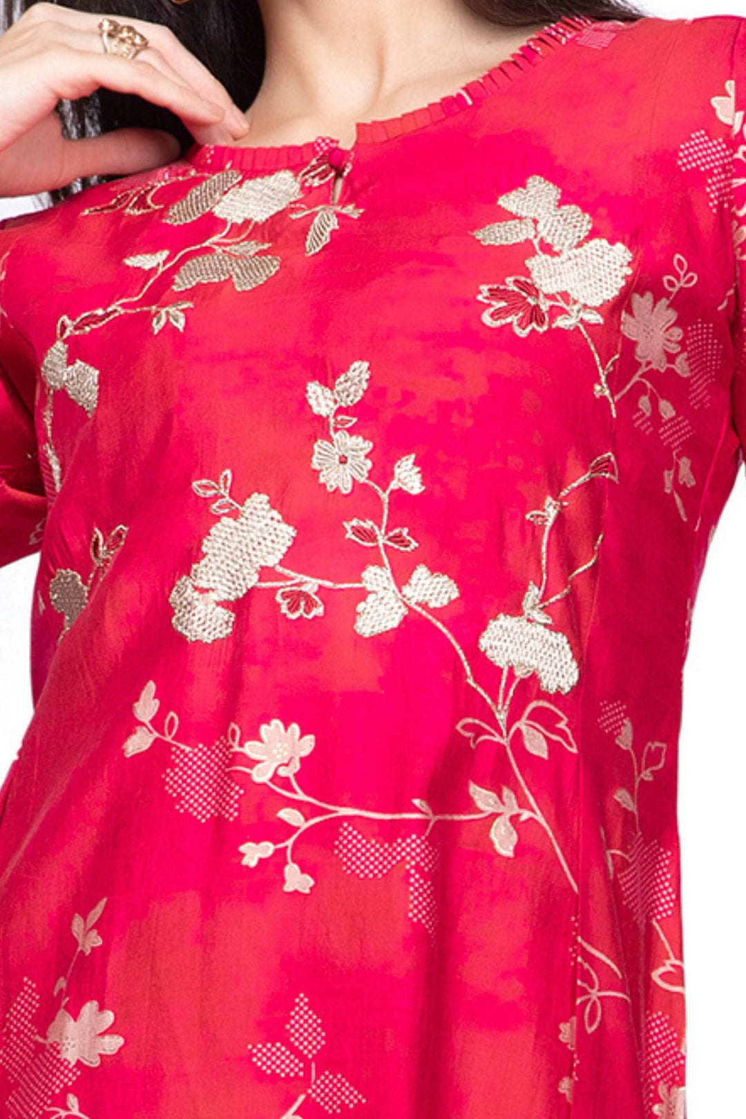Rani Pink Embroidery work with Floral Print Calf Length Kurti