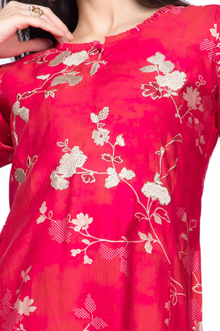 Rani Pink Embroidery work with Floral Print Calf Length Kurti