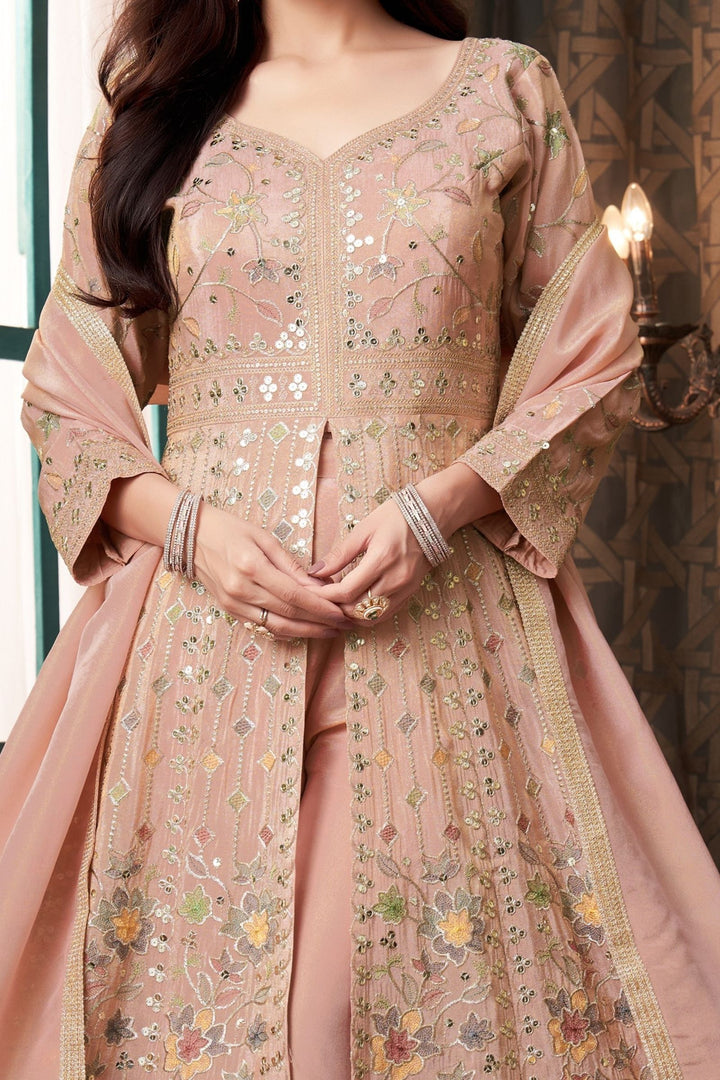 Baby Pink Sequins, Zari and Multicolor Thread work Palazzo Salwar Suit