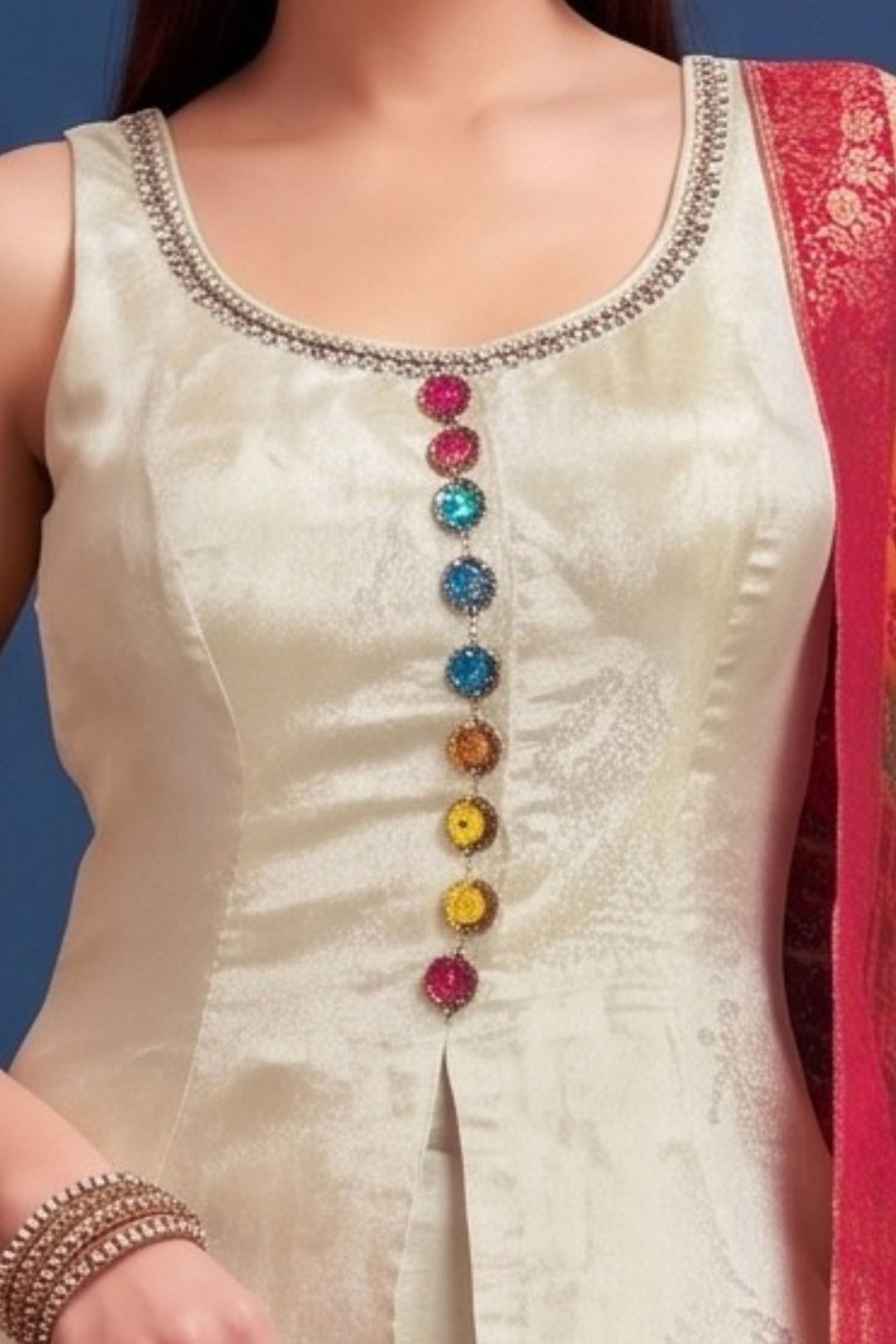 Cream Palazzo Salwar Suit with Jacquard, Zari, Beads and Stone Detailing
