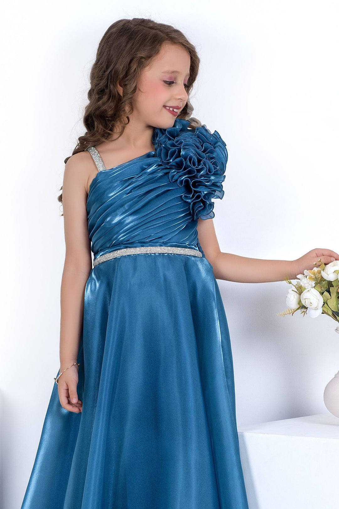 Teal Blue Flared Gown with Ruffled Rosette Shoulder for Girls