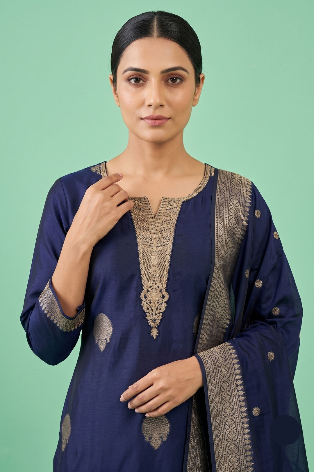 Royal Blue Banaras, Zardozi, Sequins, Beads and Zari work Straight Cut Salwar Suit