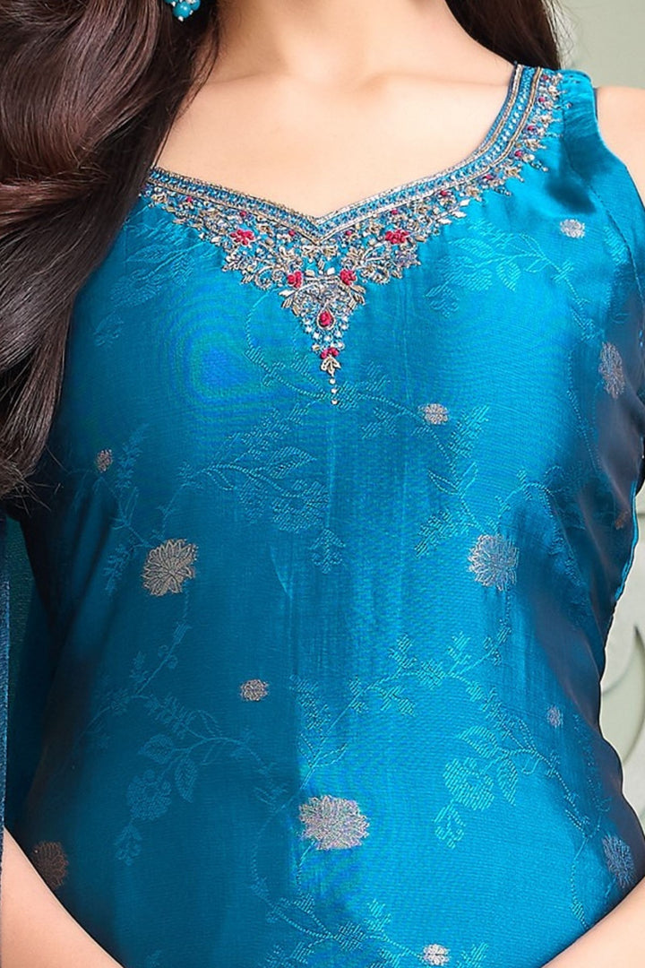 Teal Blue Jacquard, Zardozi, Beads, Stone, Mirror and Banaras work Straight Cut Salwar Suit