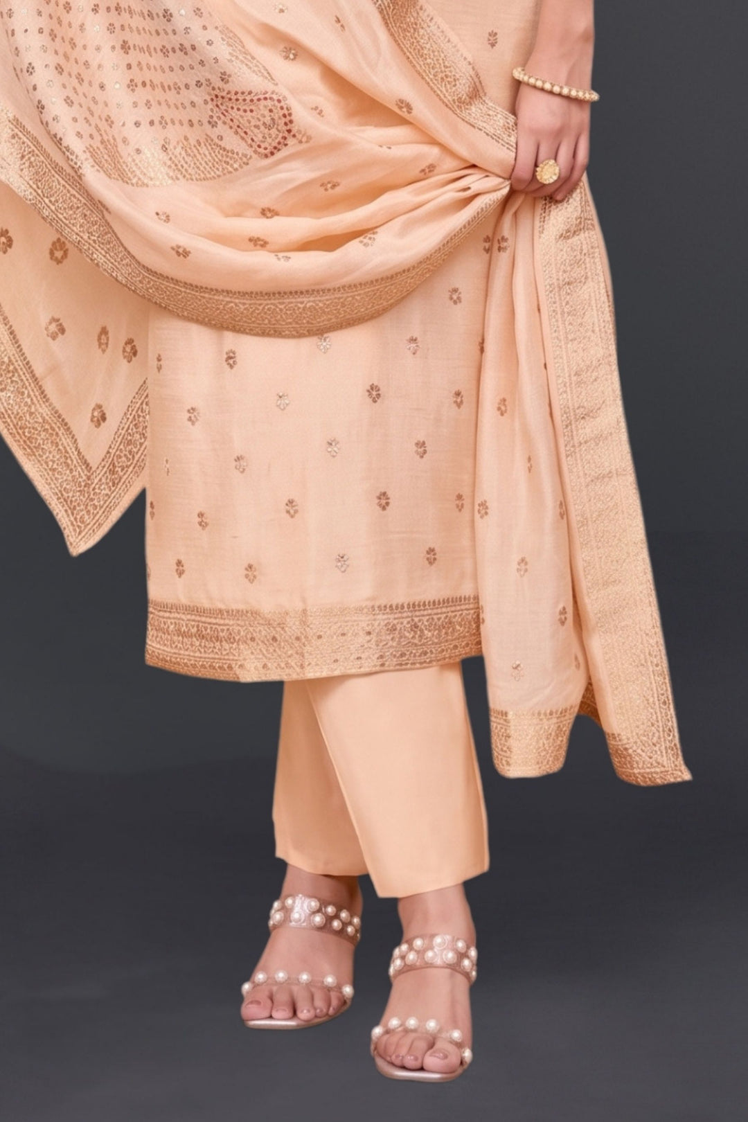 Peach Banaras, Beads and Stone work Straight Cut Salwar Suit
