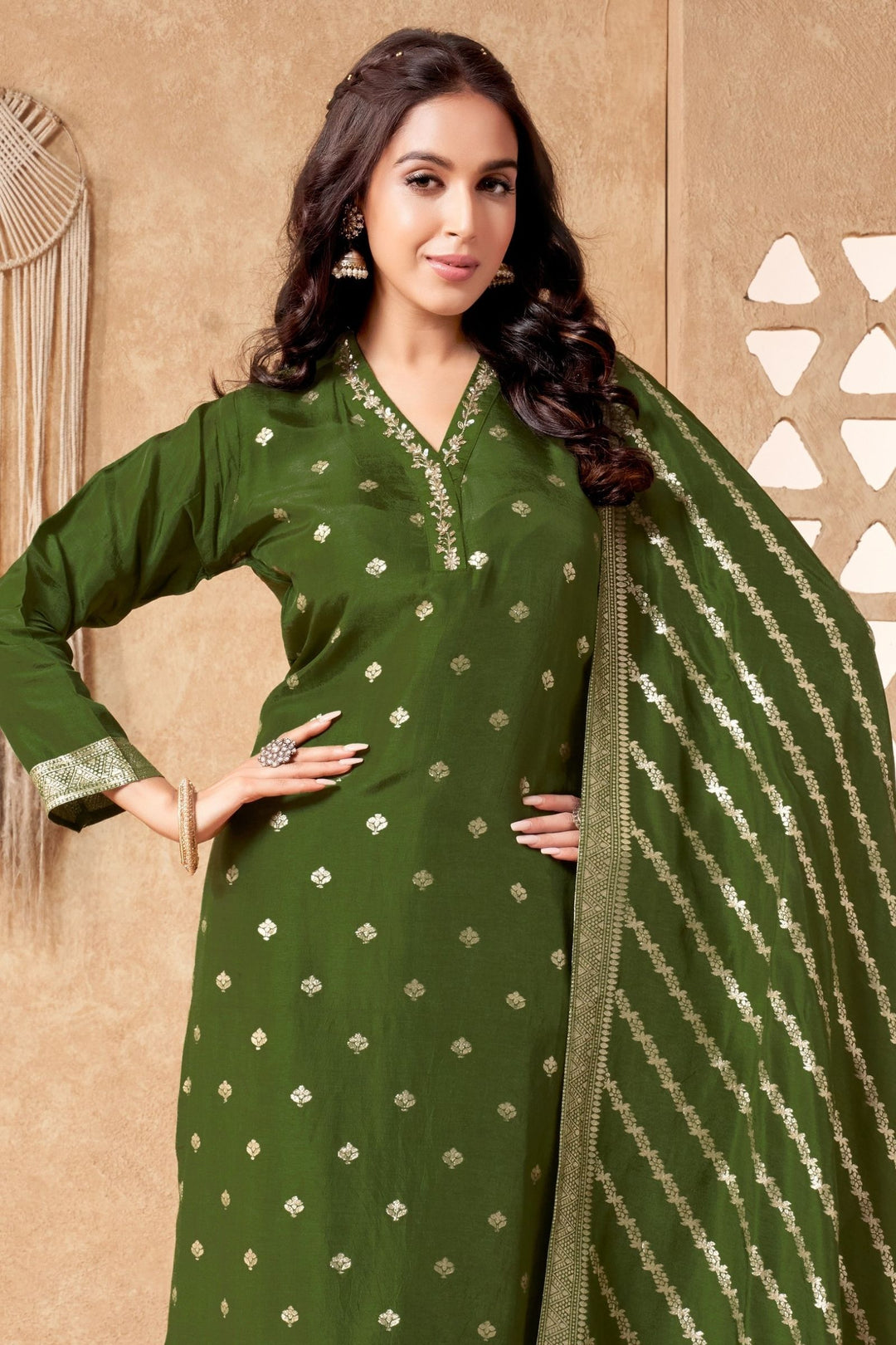 Green Banaras, Zardozi, Beads and Sequins work Straight Cut Salwar Suit