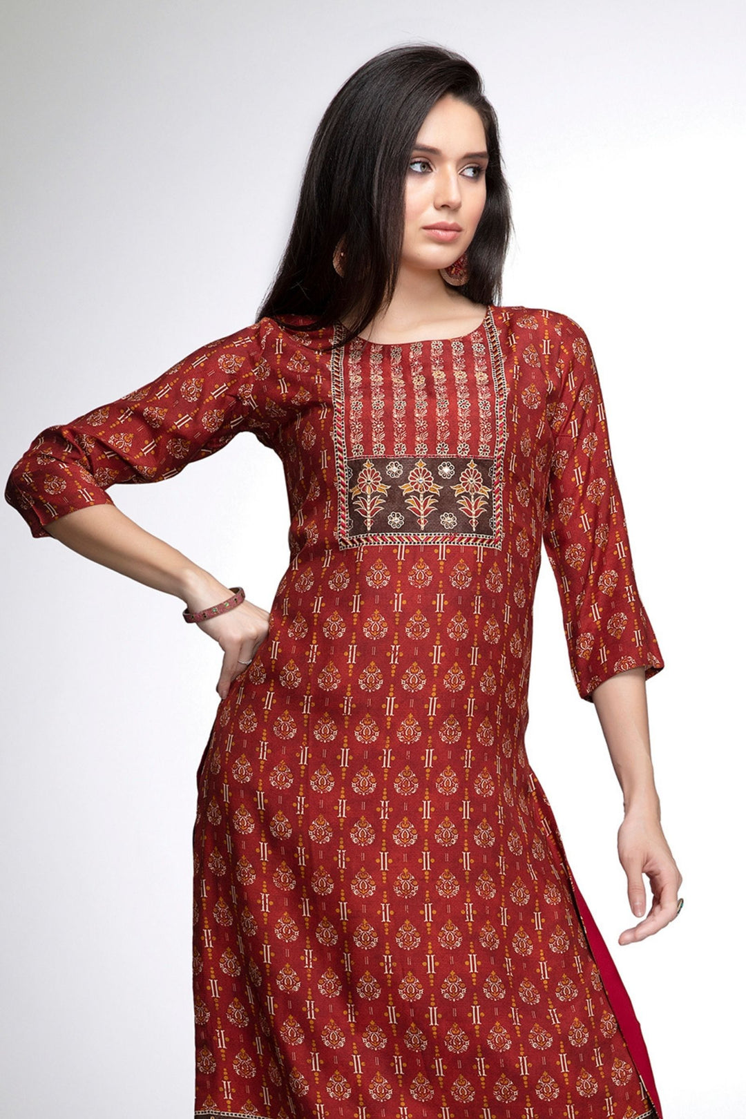 Brick Red with Coffee Brown Digital Print Calf Length Kurti