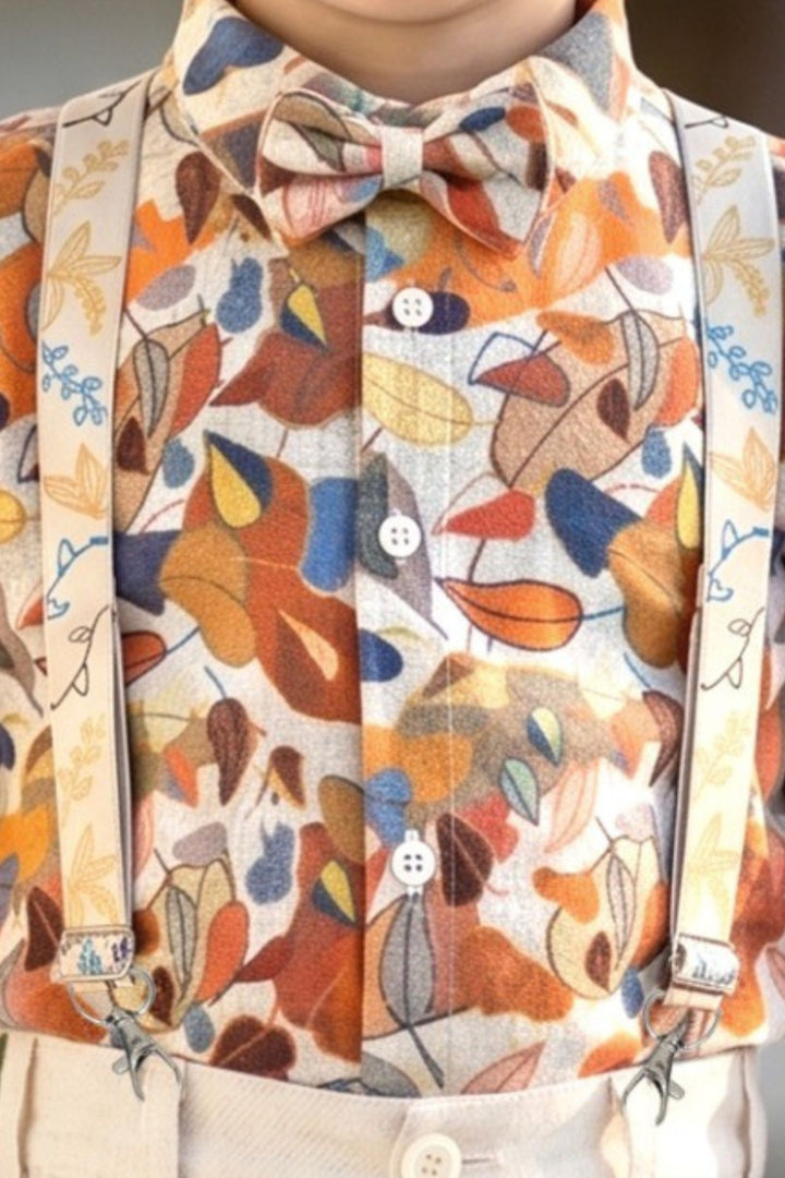 Half White Multicolor Digital Print Suspender Style Pant Shirt Set for Boys