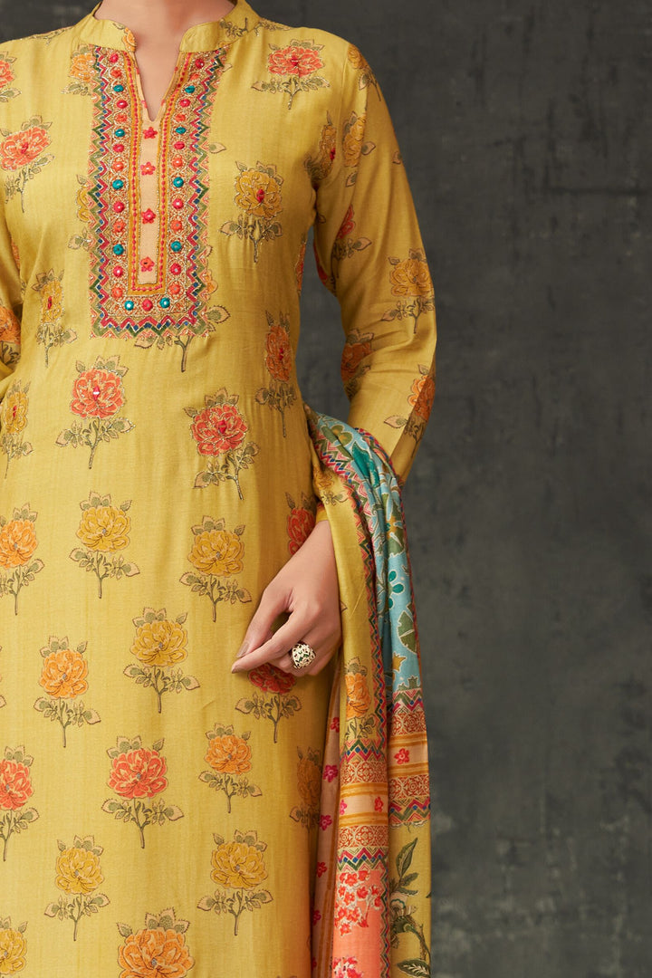 Yellow Mirror and Zari work with Floral Print Straight Cut Salwar Suit