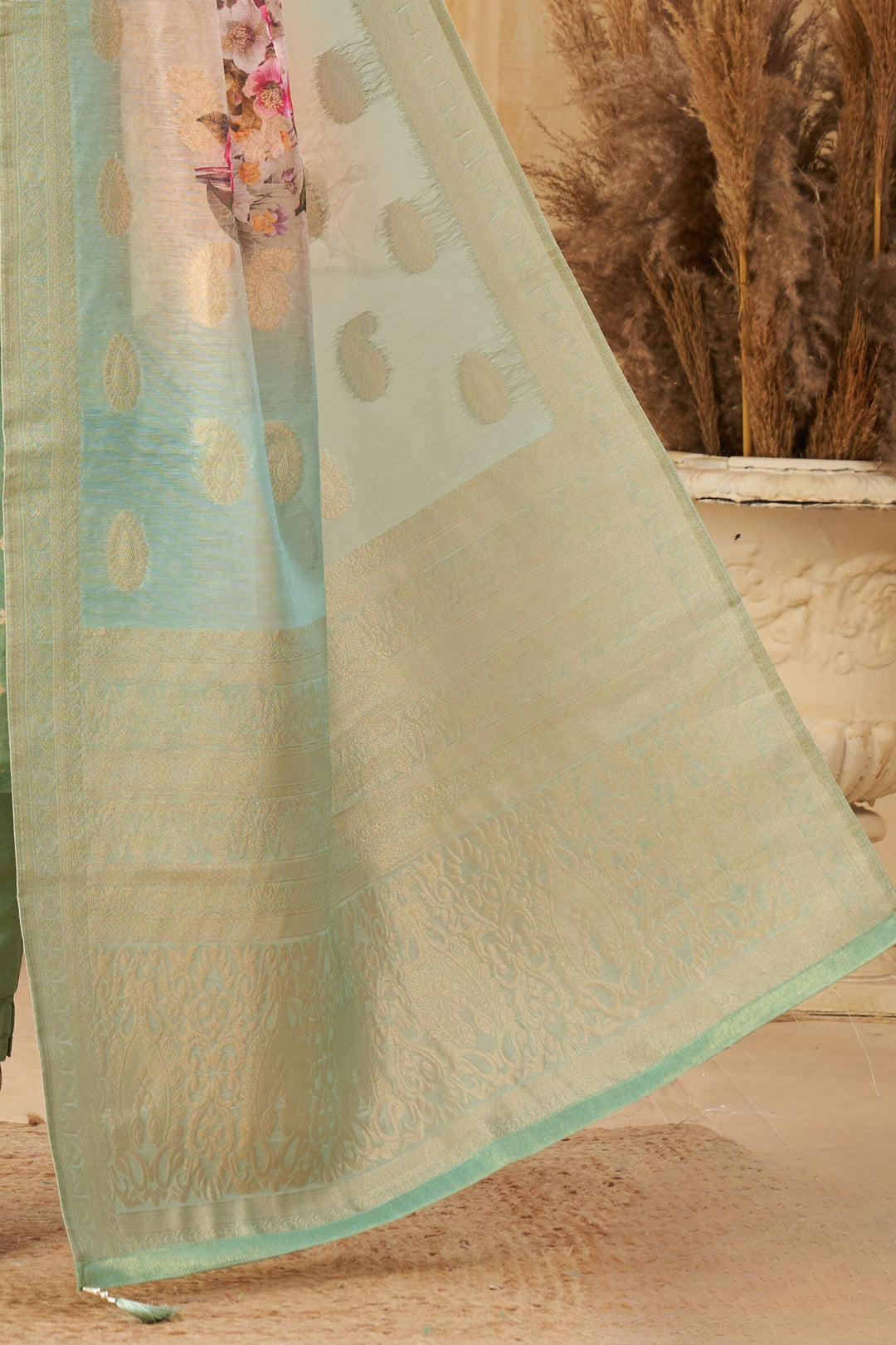 Sea Green Banaras, Beads, Zari, Thread and Mirror work Straight Cut Salwar Suit