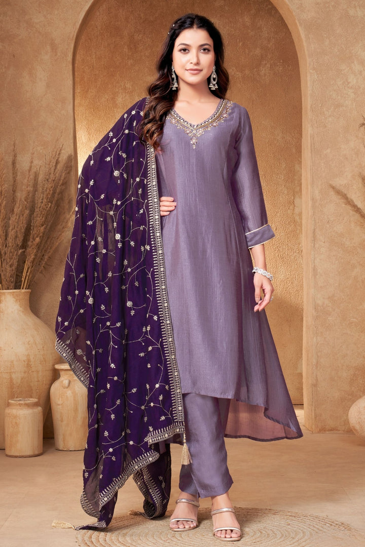 Lavender Zardozi, Mirror and Beads work A-line Cut Salwar Suit