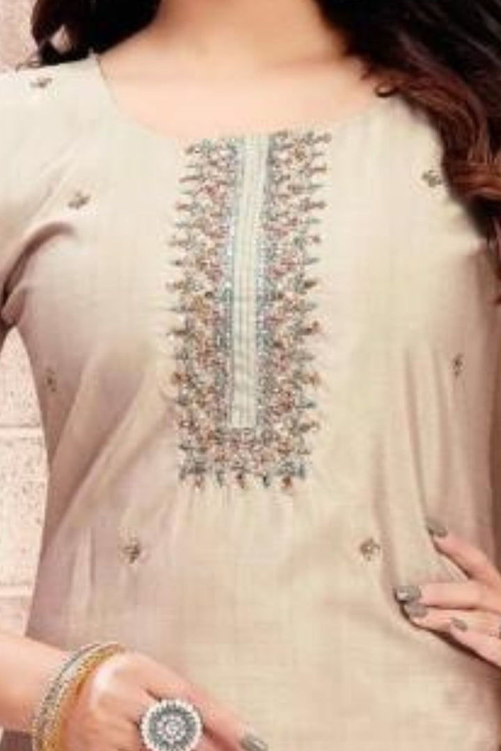 Beige Beads, Zardozi, Sequins, Thread and Mirror work Straight Cut Salwar Suit