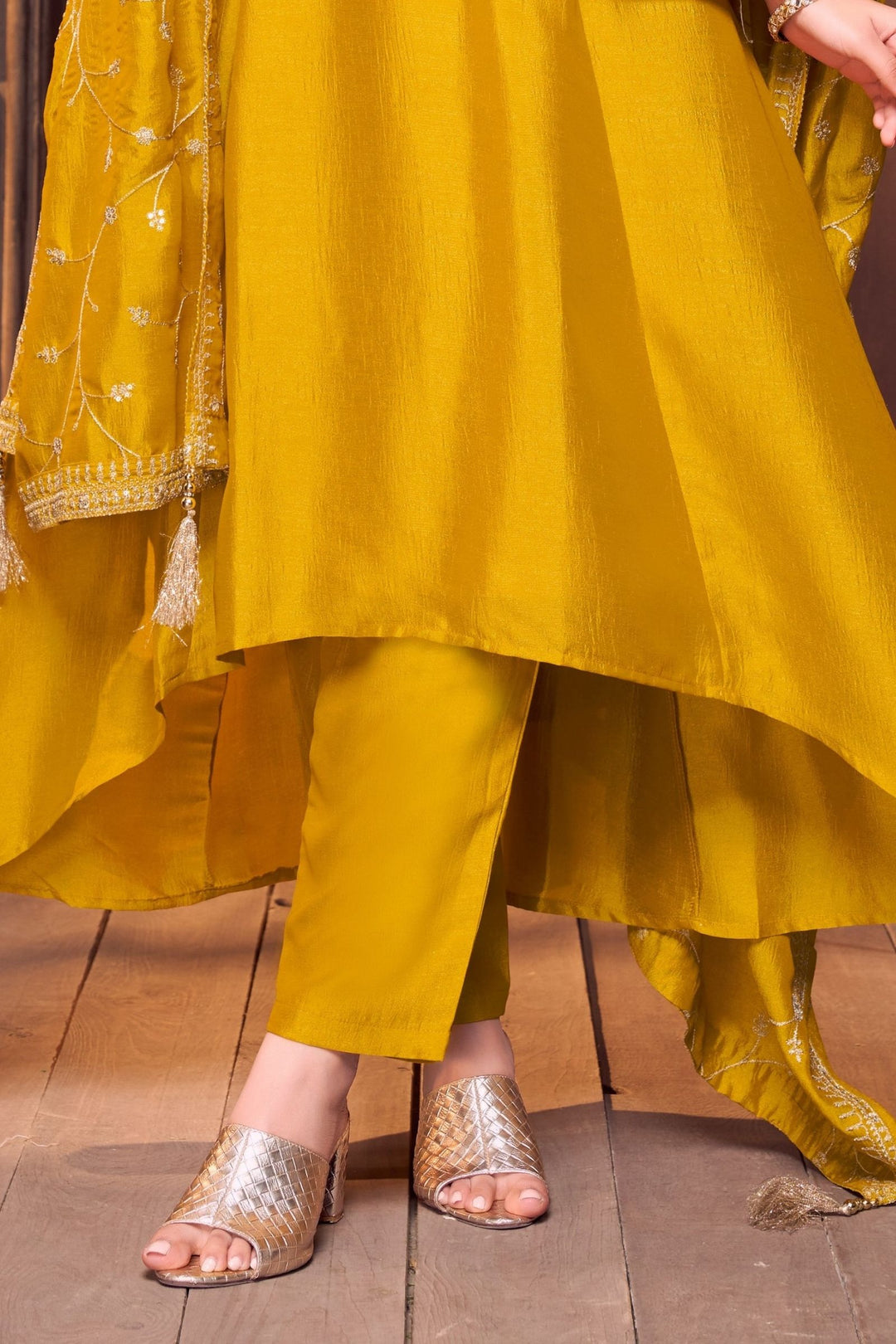 Yellow Sequins, Zari, Mirror, Stone and Zardozi work A-line Cut Salwar Suit