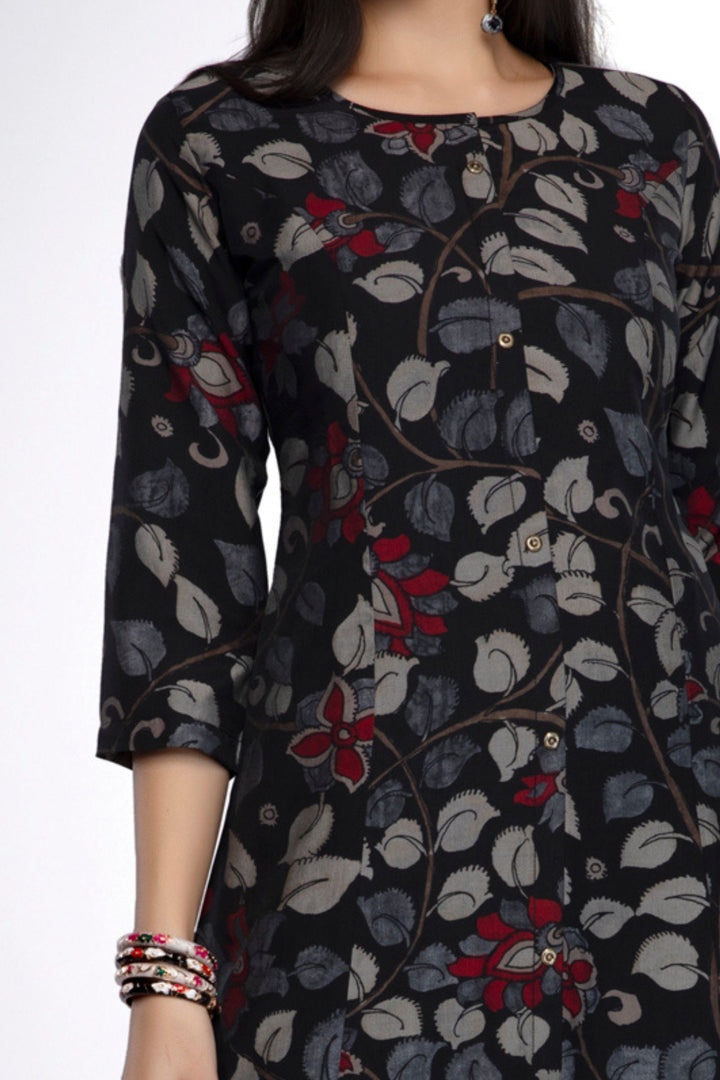 Black with Multicolor Digital Print A-line Cut Calf Length Kurti