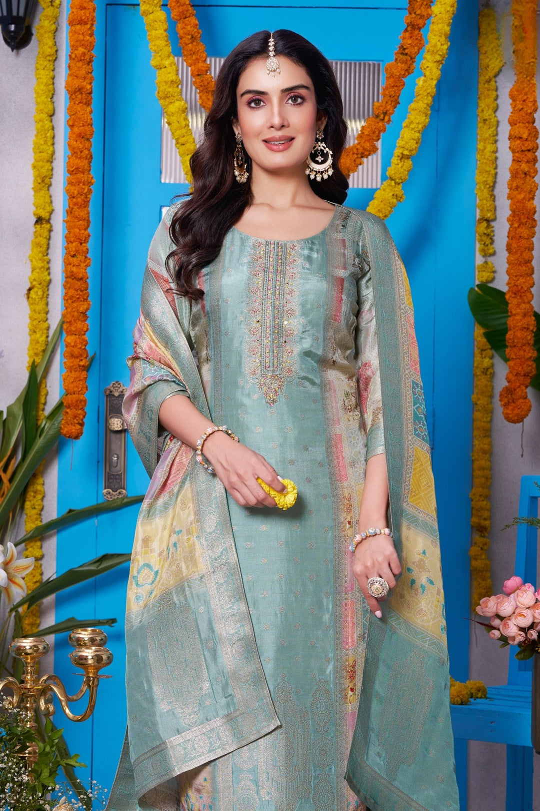 Sea Green Banaras, Zardozi and Mirror work with Bandini Print Straight Cut Salwar Suit
