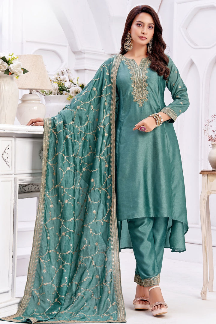 Sea Green Beads, Sequins, Mirror, Stone and Thread work A-line Cut Salwar Suit