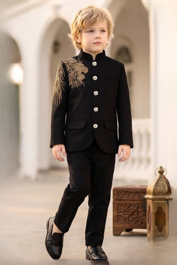 Black Lion Beads Embroidered Shoulder Detail Jodhpuri Suit for Boys
