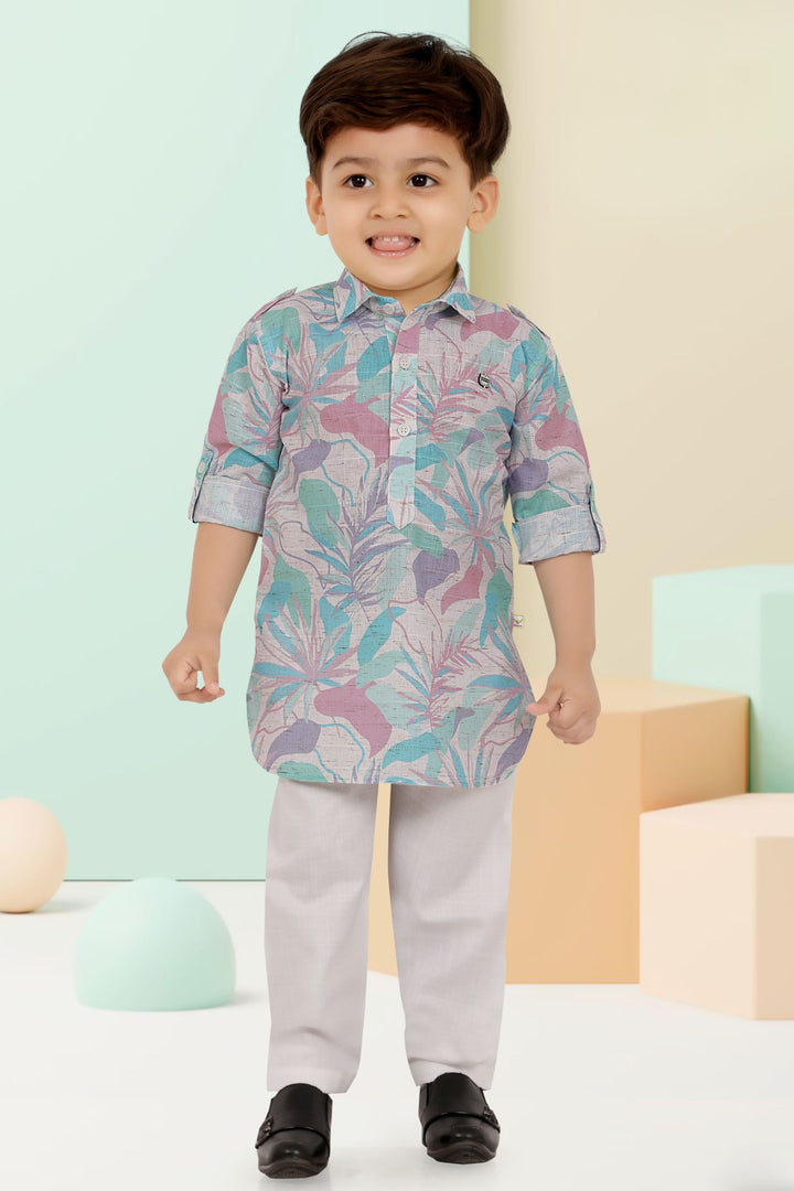 White with Multicolor Digital Print Kurta Set for Boys