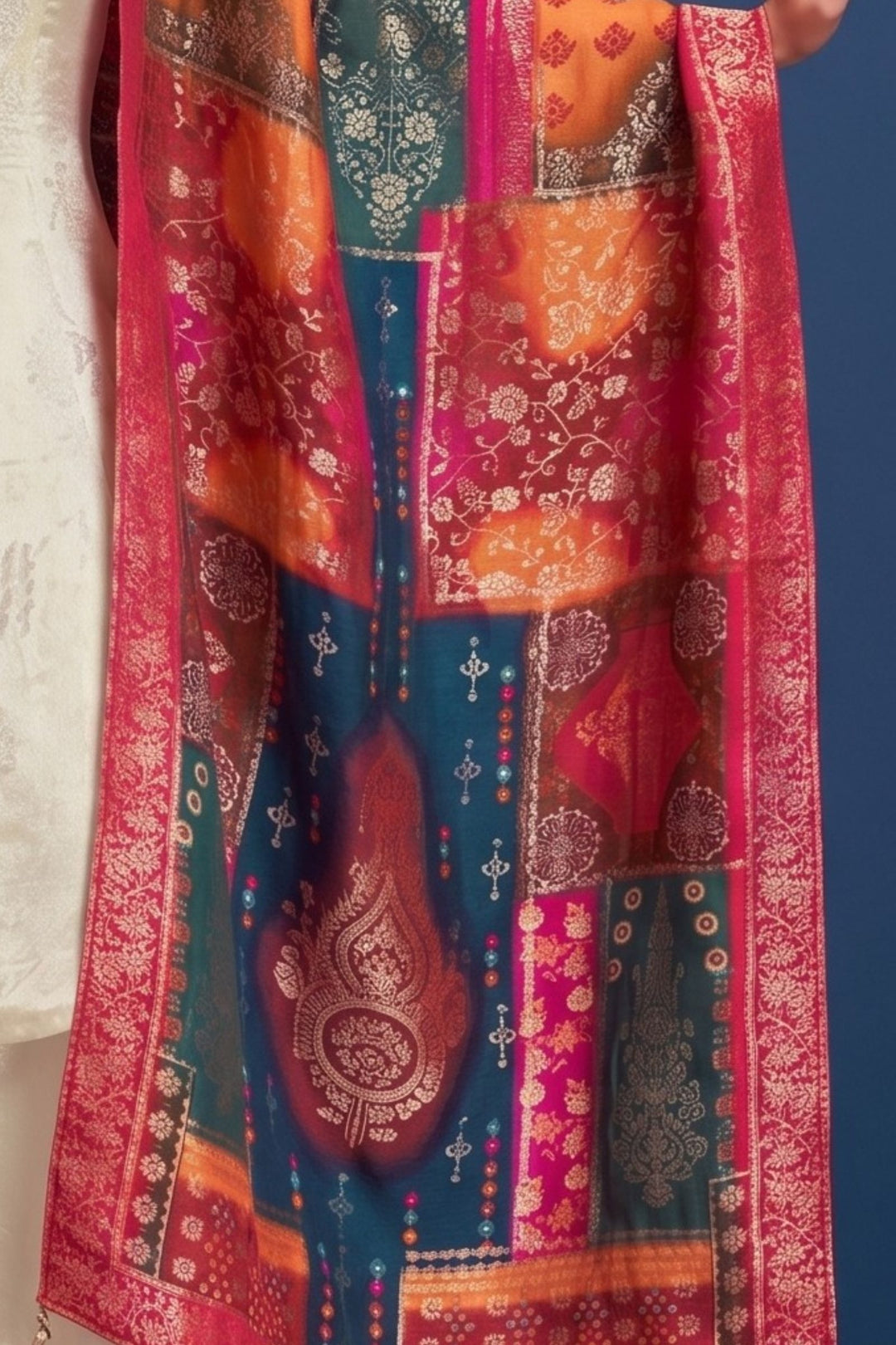 Cream Palazzo Salwar Suit with Jacquard, Zari, Beads and Stone Detailing