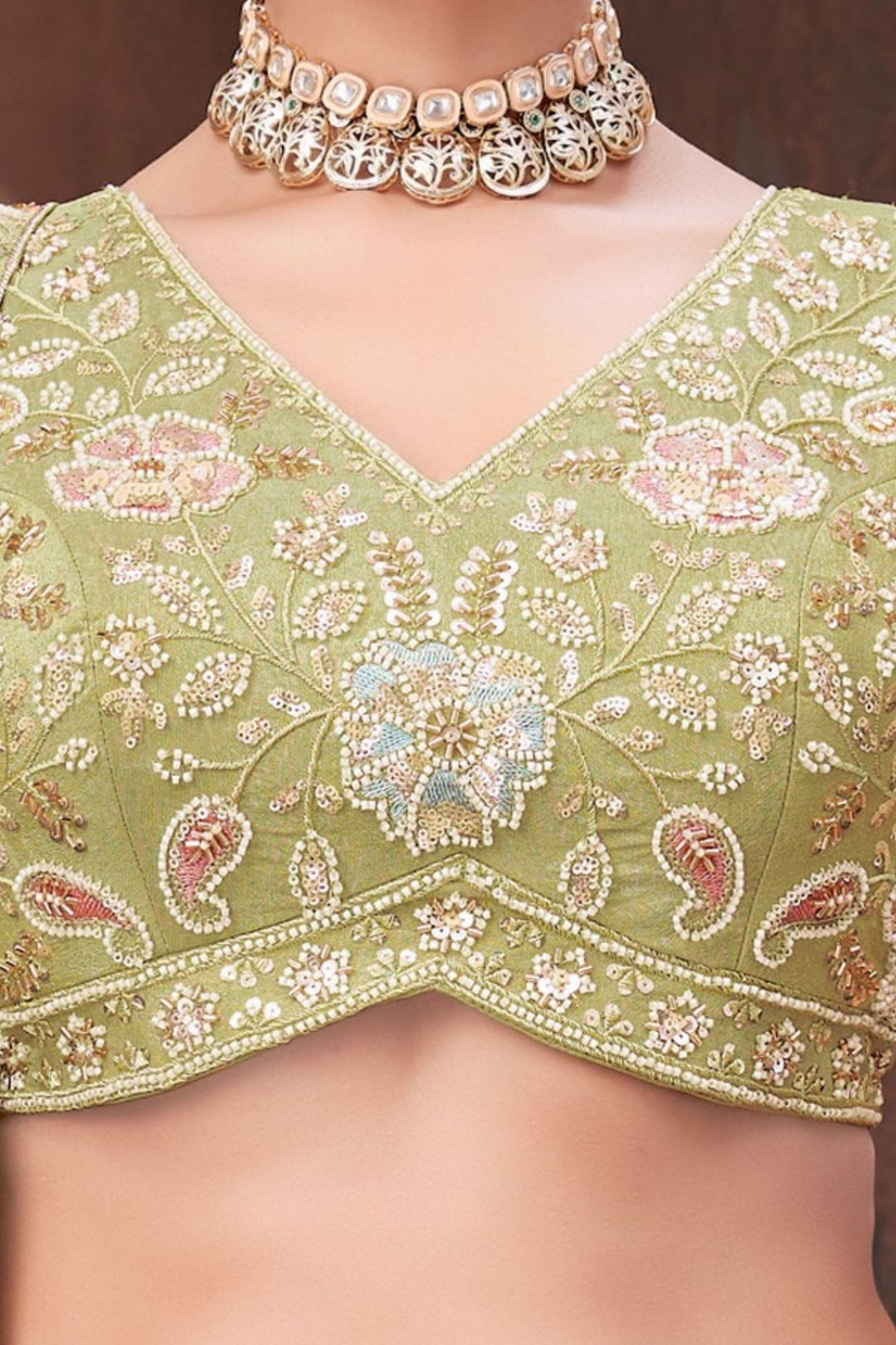 Pista Green Sequins, Beads and Multicolor Thread work Crop Top Lehenga