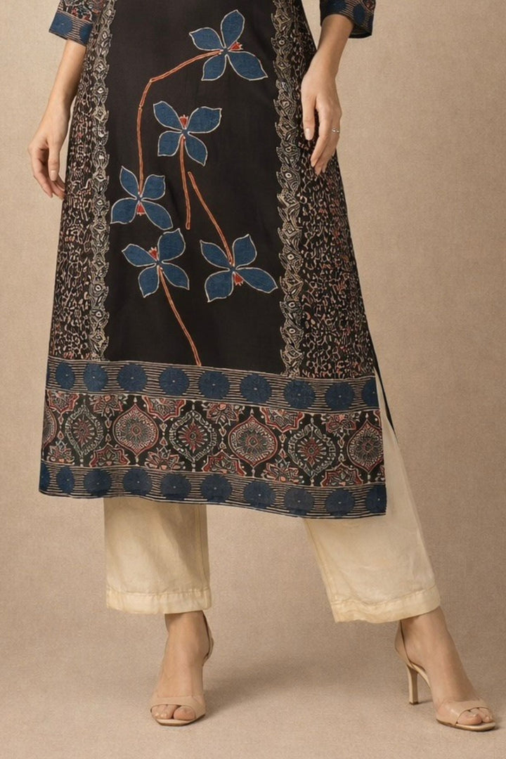 Black Beads work with Ajrakh Print Calf Length Kurti