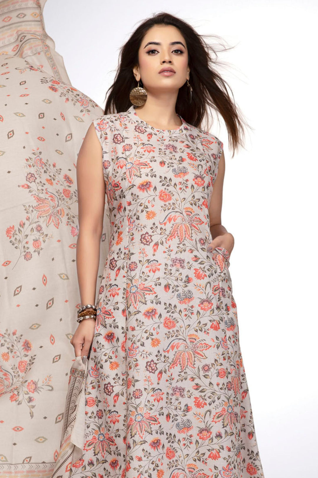 Grey Cotton Kurta Set with Delicate Floral Print and Dupatta