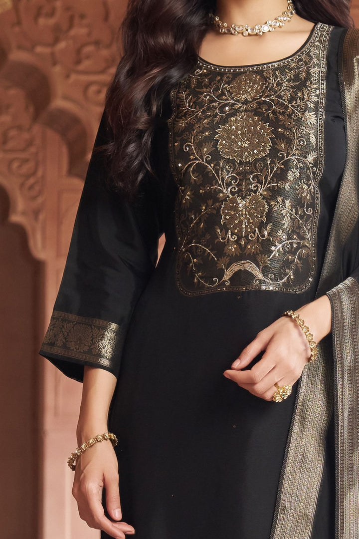 Black Banaras, Beads and Zardozi work Straight Cut Salwar Suit