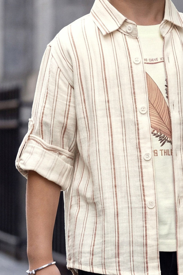 Cream Blazer, Printed T-Shirt and Black Pant Set for Boys