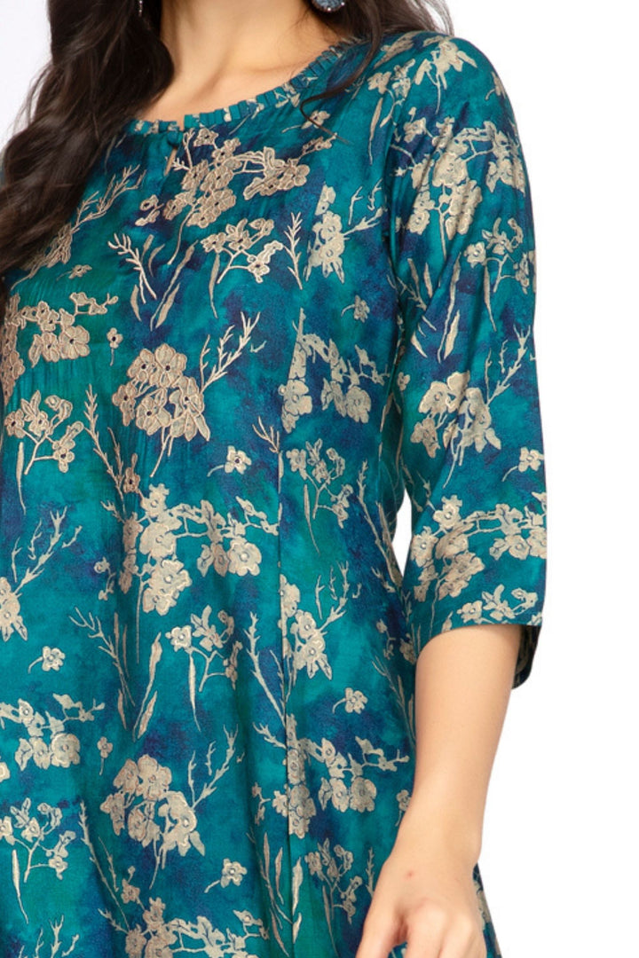 Rama Blue Thread work with Floral Print A-Line Cut Calf Length Kurti