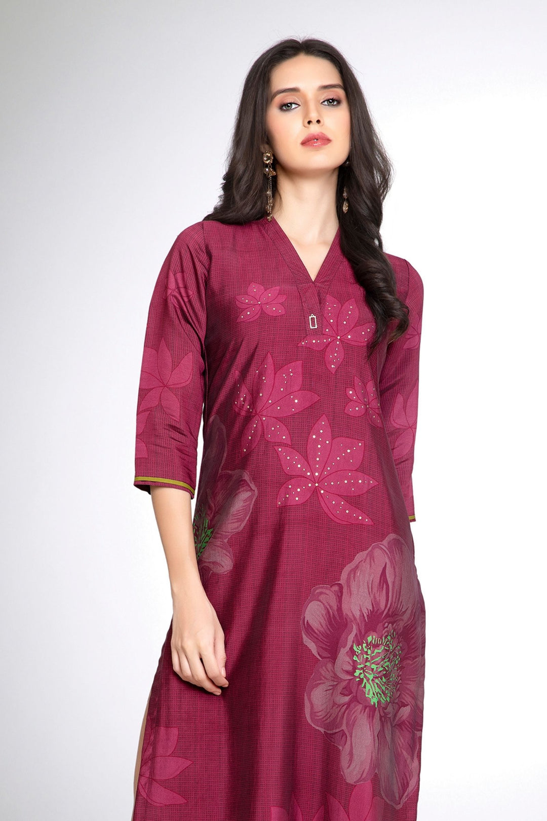 Maroon Floral Print Calf Length Kurti