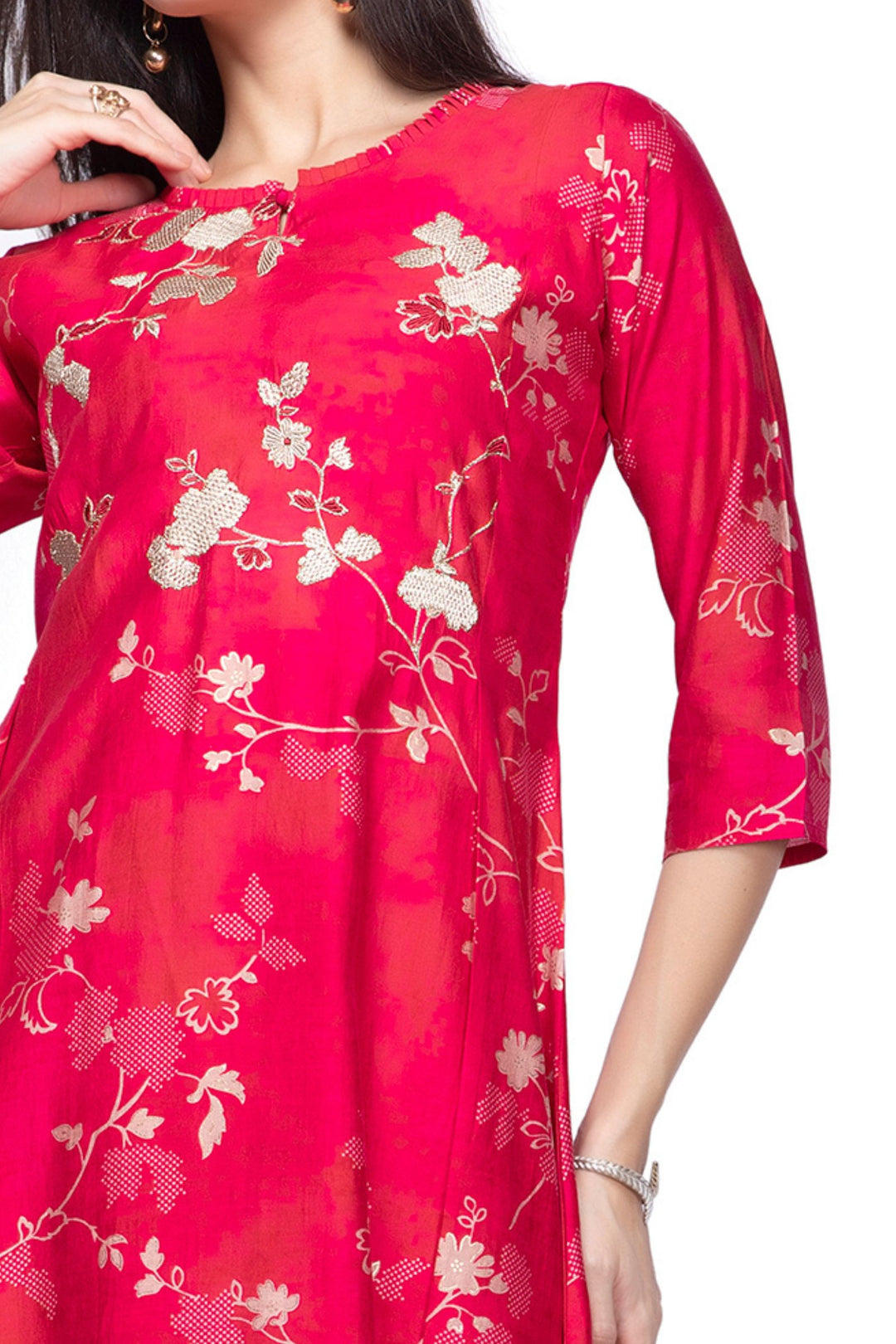 Rani Pink Embroidery work with Floral Print Calf Length Kurti