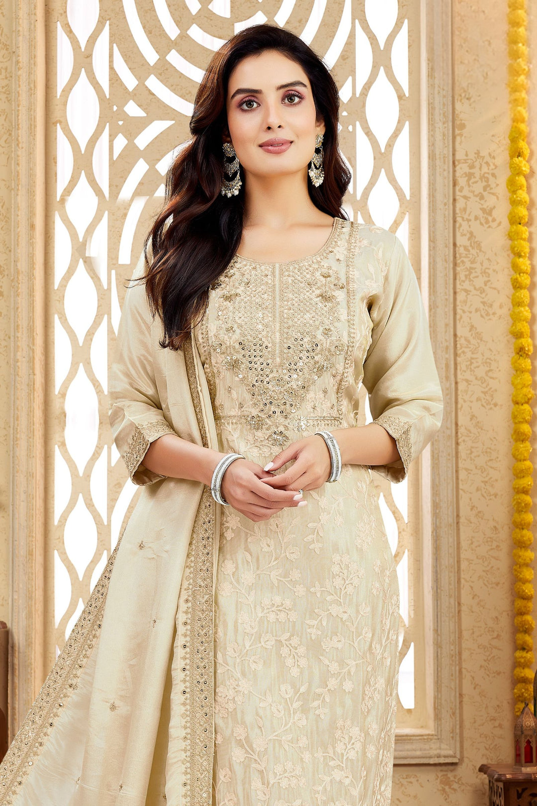 Cream Sequins, Thread and Zari work Straight Cut Salwar Suit