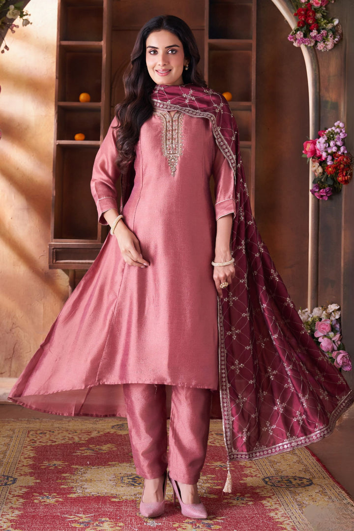 Rust Beads, Mirror, Zardozi, Zari and Sequins work A-line Cut Anarkali Styled Salwar Suit